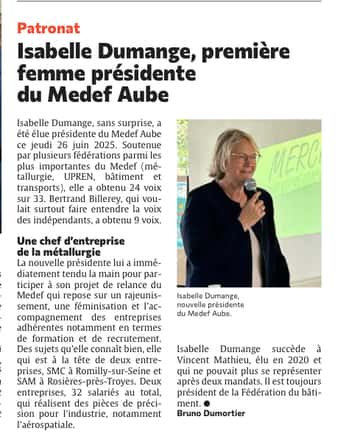 Isabelle Dumange, première femme présidente du Medef Aube