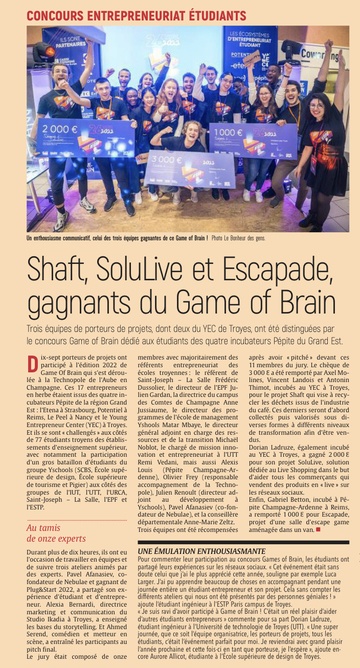 Shaft, SoluLive et Escapade gagnants du Game of Brain