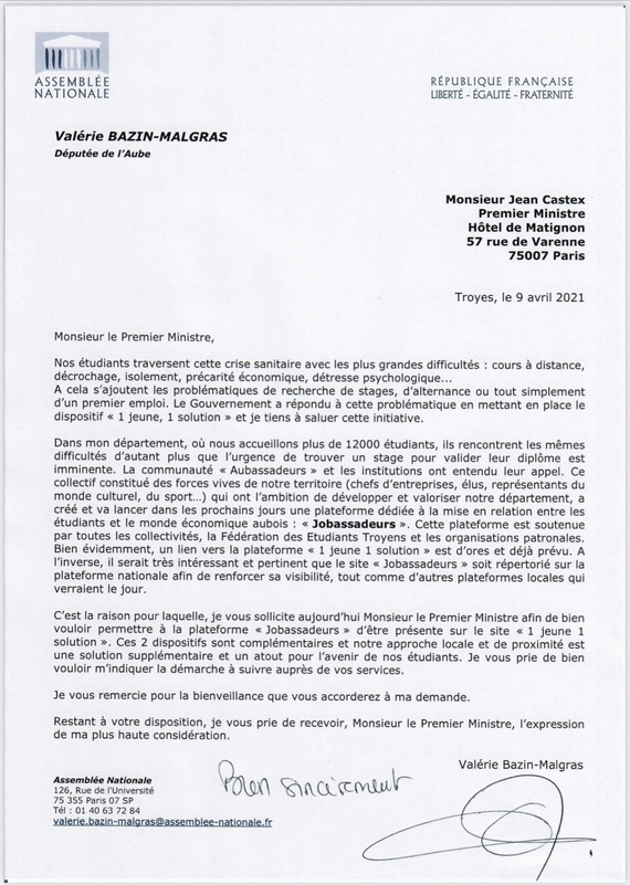 JOBASSADEURS : la lettre de Valérie Bazin-Malgras à Monsieur Jean Castex
