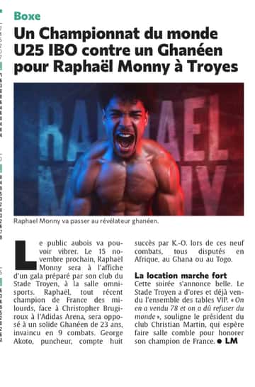 Boxe : un Championnat du monde U25 IBO contre un Ghanéen pour Raphaël Monny