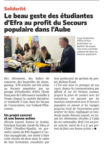 Le beau geste des étudiantes d'EFRA au profit du Secours populaire dans l'Aube