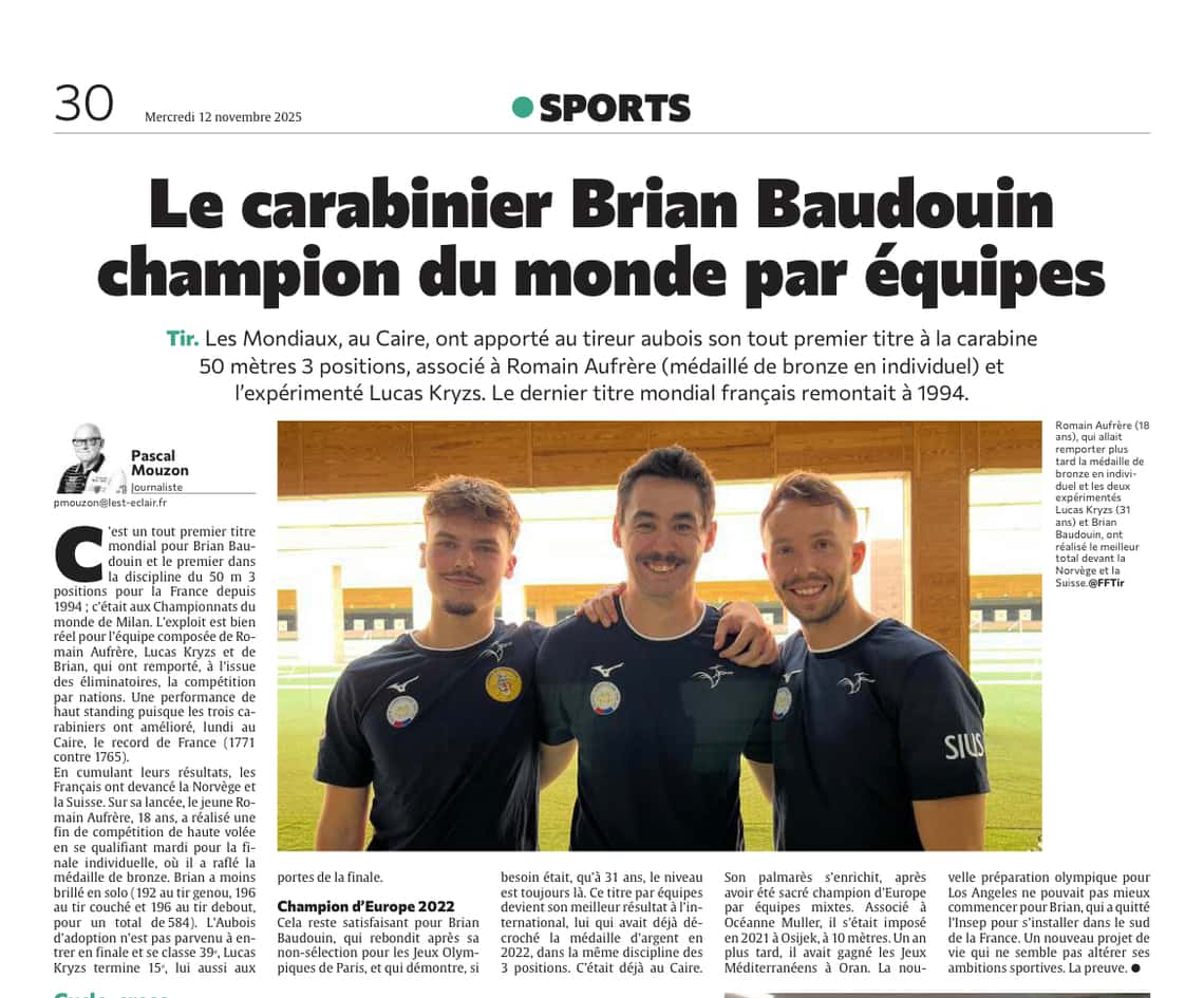 Le carabinier Brian Baudouin champion du monde par équipe