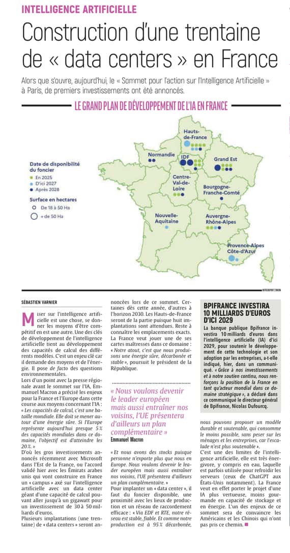 Construction d'une trentaine de Data centers en France.