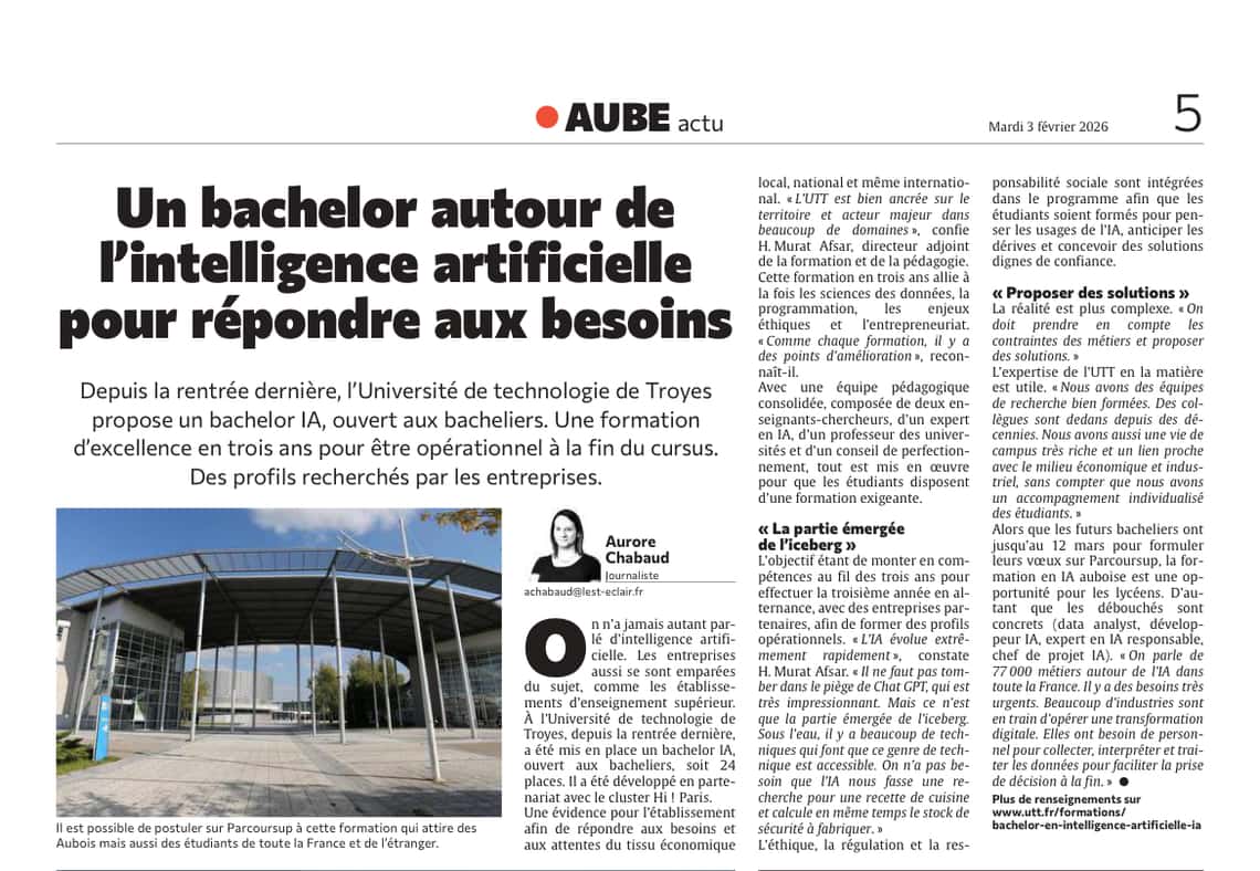 Un bachelor autour de l’intelligence artificielle à l’UTT