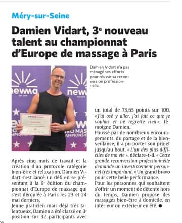 Damien Vidard 3ème au championnat d'Europe de massage de Paris