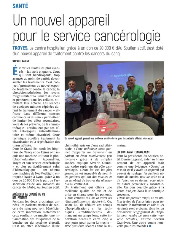 DON du Soutien Actif : Un nouvel appareil pour le service cancérologie.