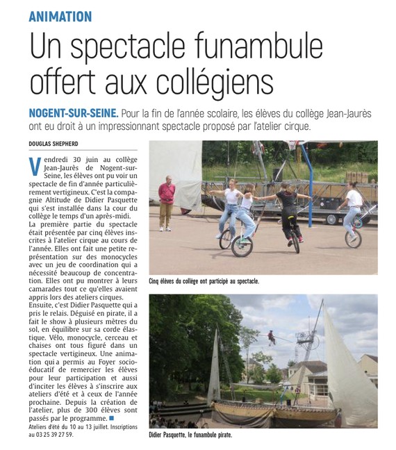 Un spectacle funambule offert aux collégiens de Nogent-sur-Seine.