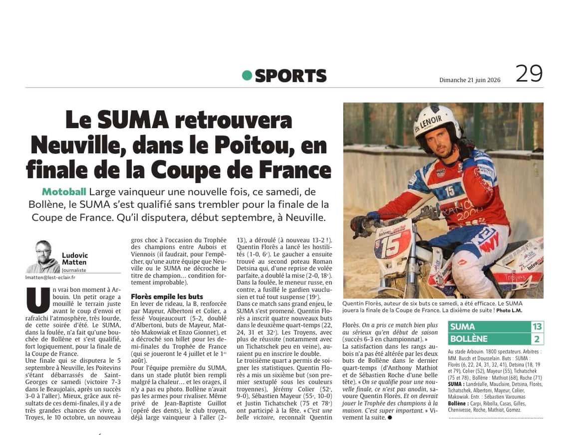 Le SUMA retrouvera Neuville, dans le Poitou, en finale de la Coupe de France