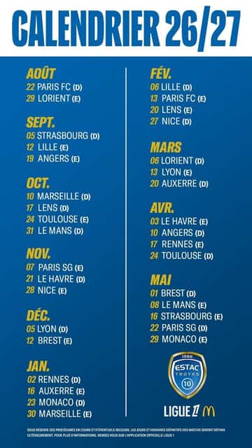 Le calendrier 2026/2027 pour l'ESTAC