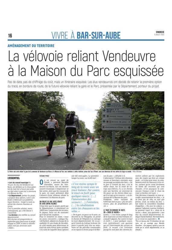 La vélovoie reliant Vendeuvre-sur-Barse à la Maison du Parc esquissée