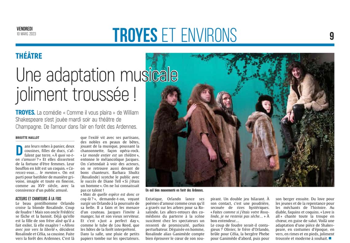 Troyes: «Comme il vous plaira», une adaptation musicale joliment troussée!