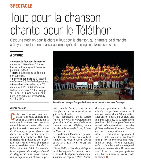 Tout pour la chanson chante pour le Téléthon.