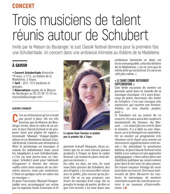 Troyes: trois musiciens de talent réunis autour de Schubert.