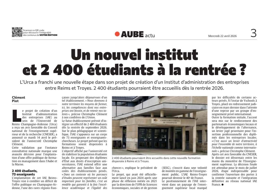 Un pas de plus pour le projet d’IAE Reims-Troyes et ses 2 400 étudiants