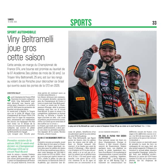 Viny Beltramelli, Pépite et pilote GT4 joue gros cette saison