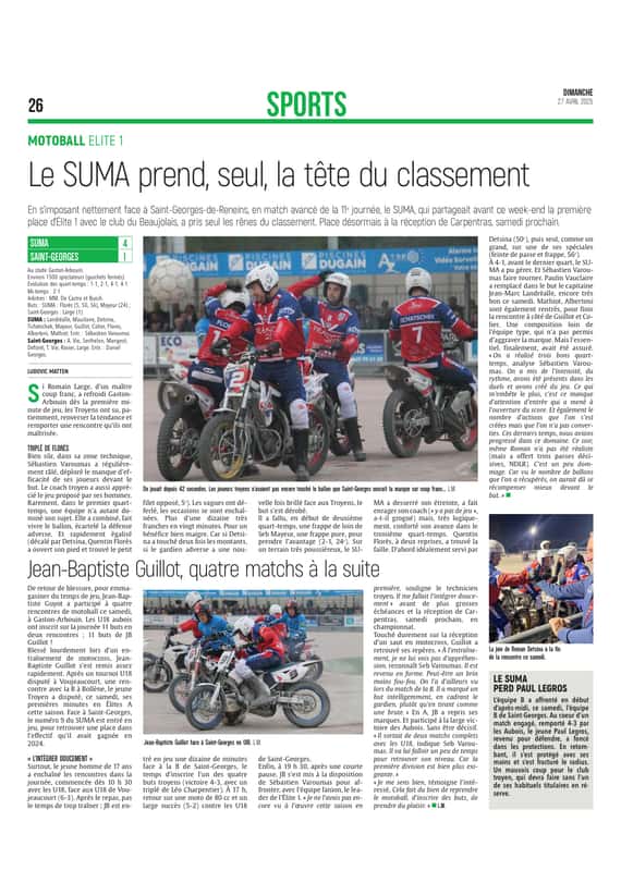 Le SUMA prend, seul, la tête du classement