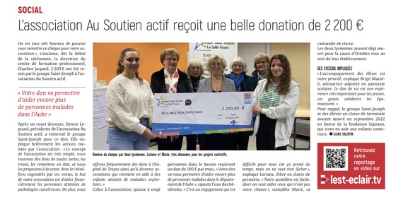 L’association Au Soutien actif reçoit une belle donation de 2200€