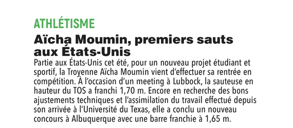 Athlétisme : Aïcha Moumin, premiers sauts aux Etats-Unis.