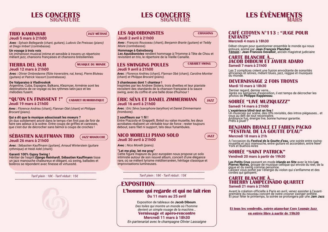 Programme du jazz club Les petits crus pour le mois de mars