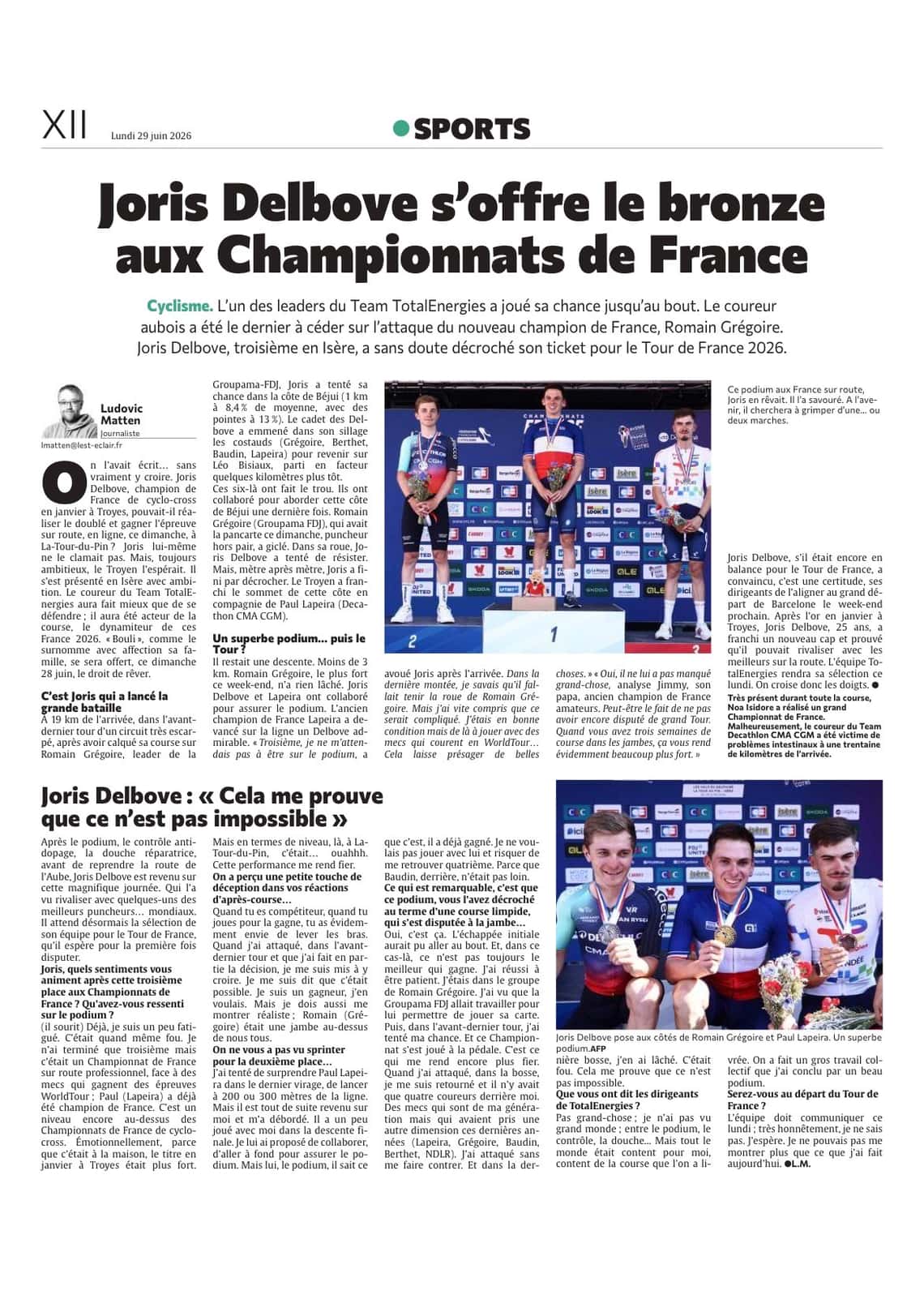 Cyclisme : le coureur aubois Joris Delbove s’offre le bronze aux Championnats !