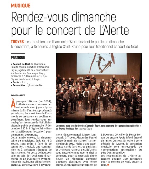 Rendez-vous dimanche pour le concert de l’Alerte