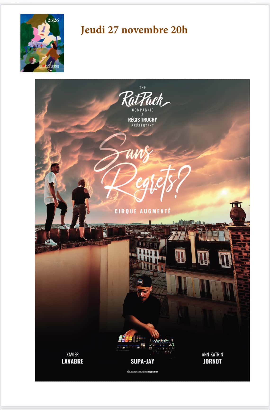 SANS REGRET au Théâtre de la Madeleine