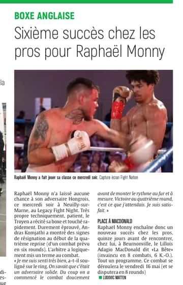 Sixième succès chez les pros pour le boxeur troyen Raphaël Monny