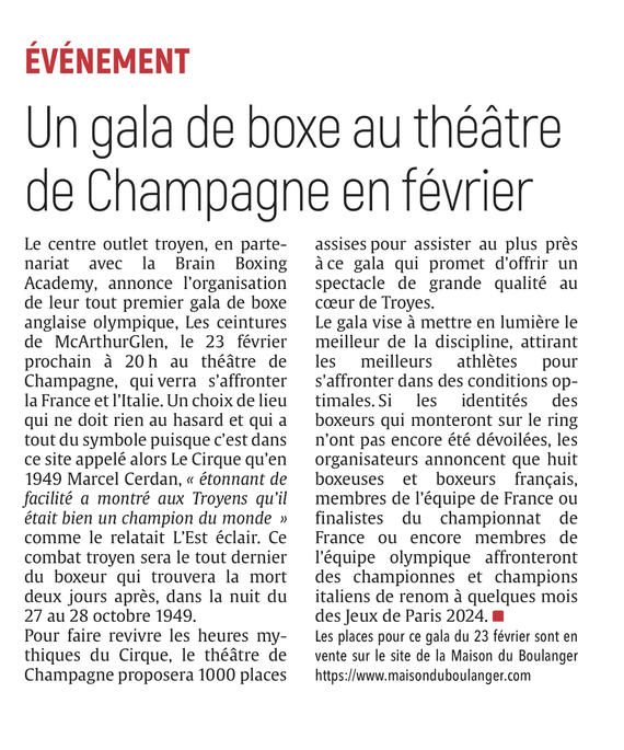 Un gala de boxe au théâtre de Champagne en février