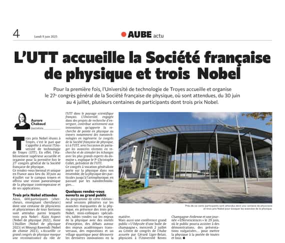 L’UTT de Troyes accueille la Société française de physique et trois prix Nobel