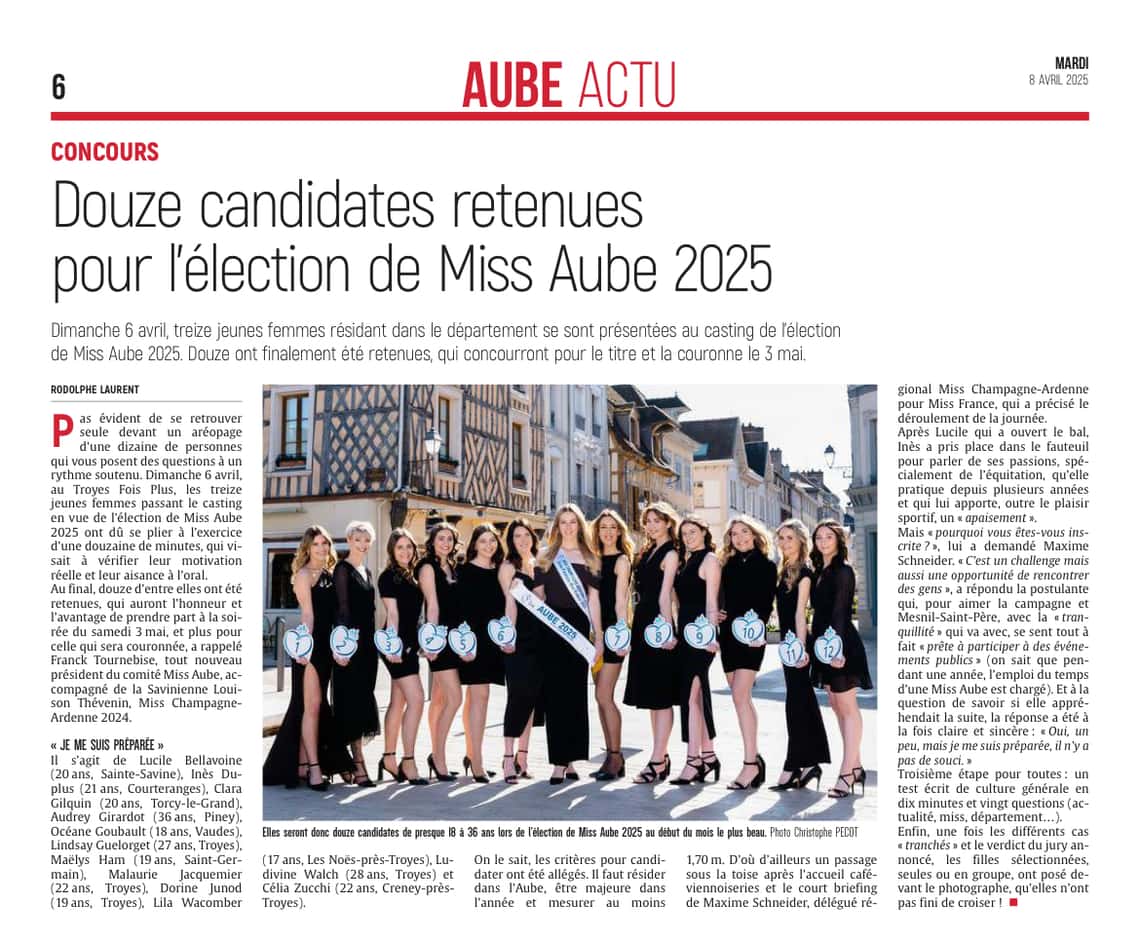 Douze candidates retenue pour l'élection Miss Aube 2025
