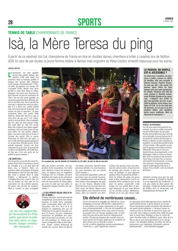 Isà, la Mère Teresa du ping, s’investit pour les autres