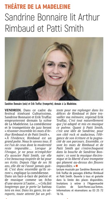 Sandrine Bonnaire lit Arthur Rimbaud et Patti Smith sur la scène