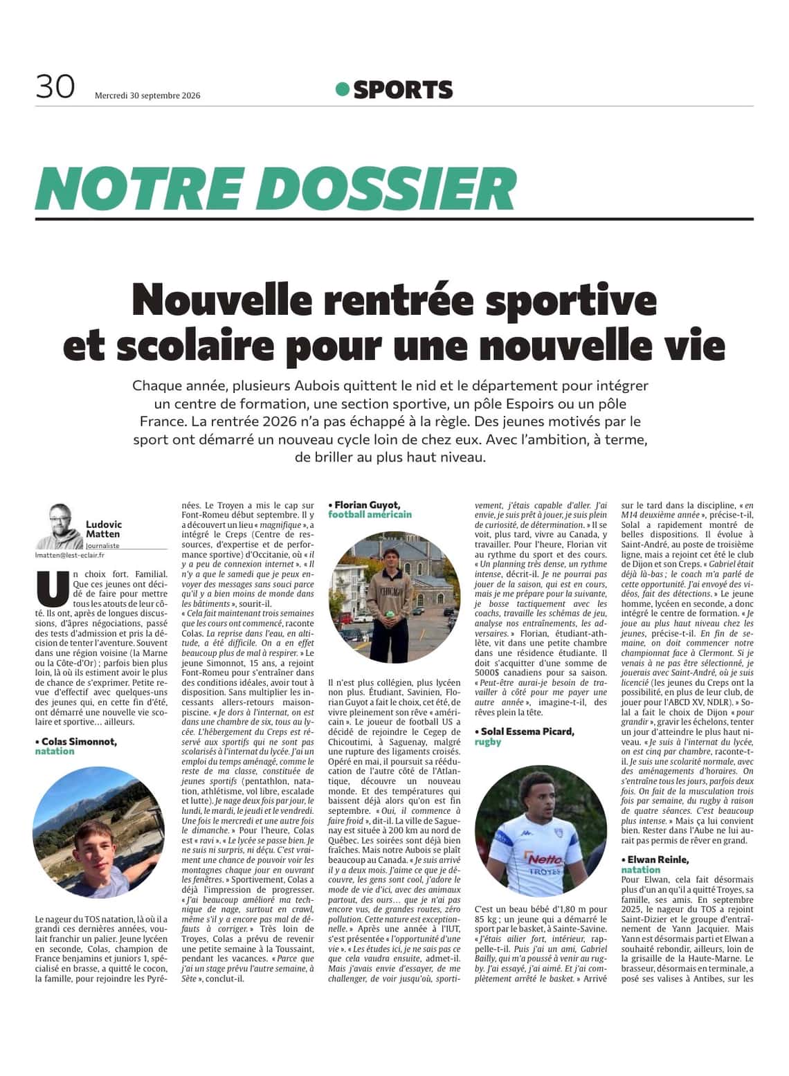 Nouvelle rentrée sportive et scolaire pour une nouvelle vie
