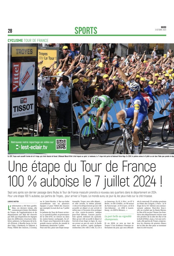 Troyes accueillera la 9e étape du Tour de France 2024 le 7 juillet