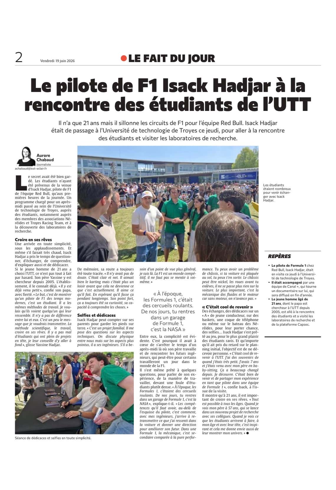 Le pilote de Formule 1 Isack Hadjar à la rencontre des étudiants de l'UTT
