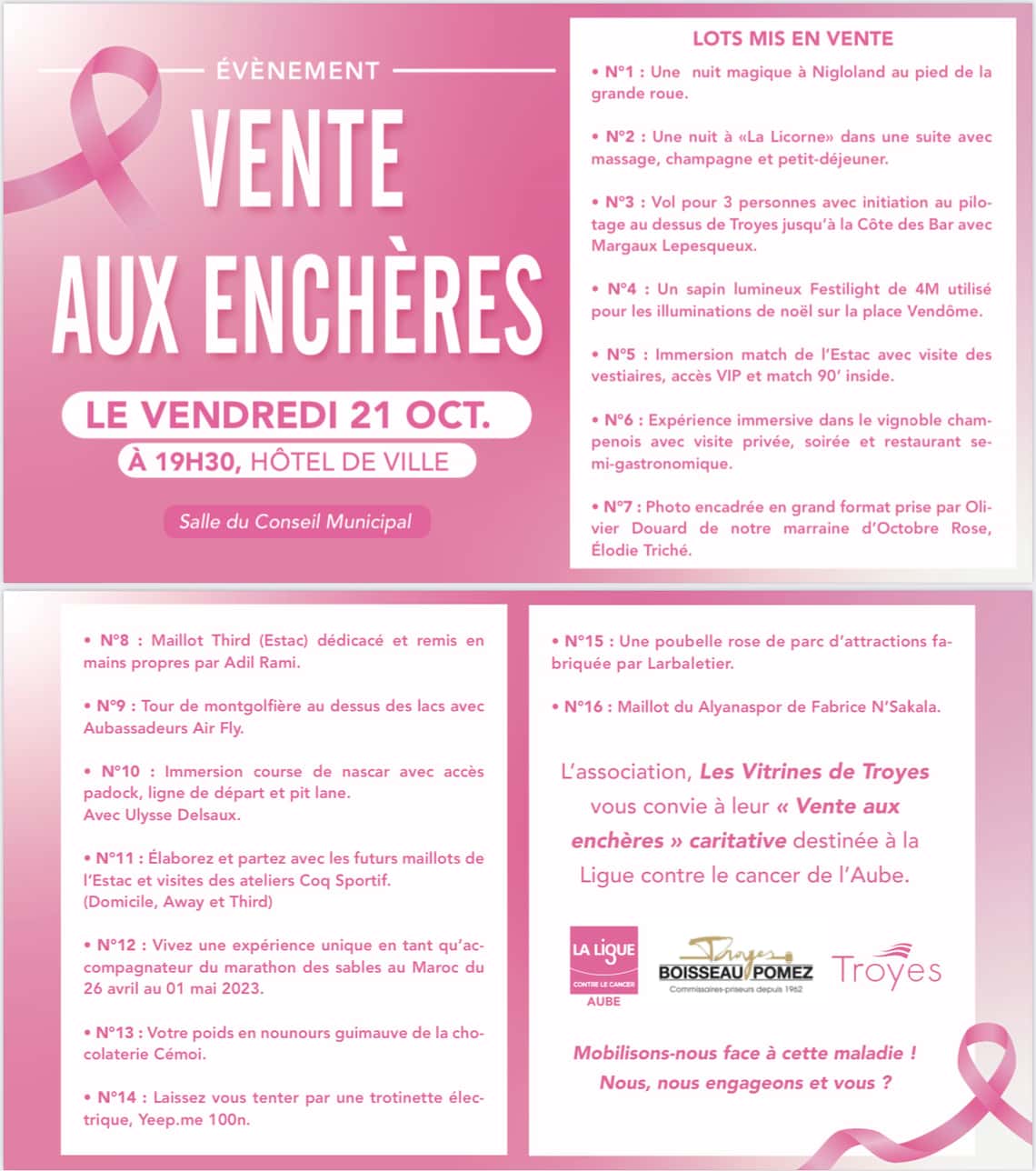 Invitation Vente aux enchères caritative - Octobre Rose - Vitrines de Troyes