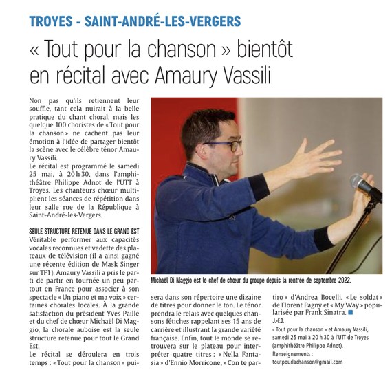 « Tout pour la chanson » bientôt en récital avec Amaury Vassili