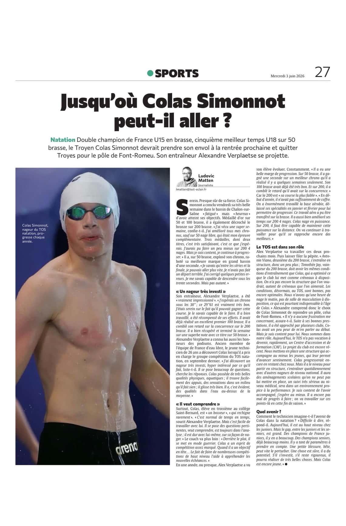 Jusqu’où le nageur troyen Colas Simonnot peut-il aller ?