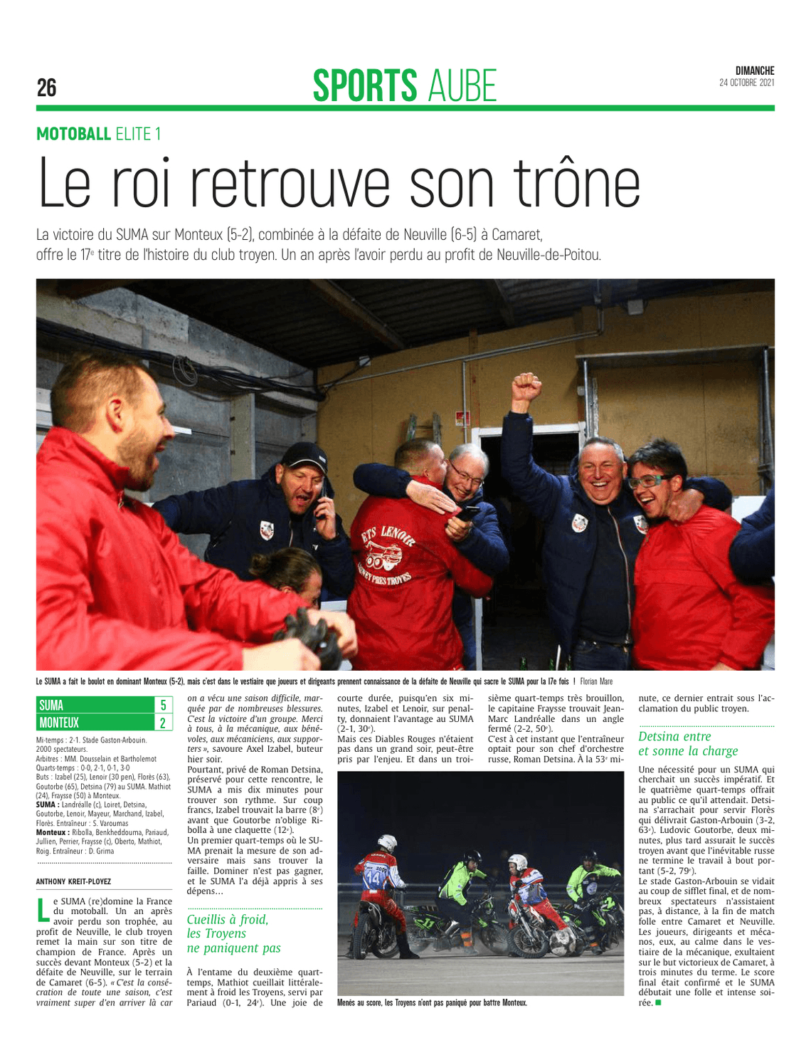 Le SUMA Champion de France de motoball.