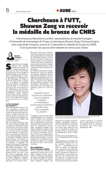 Chercheuse à l’UTT de Troyes, Shuwen Zeng va recevoir une médaille