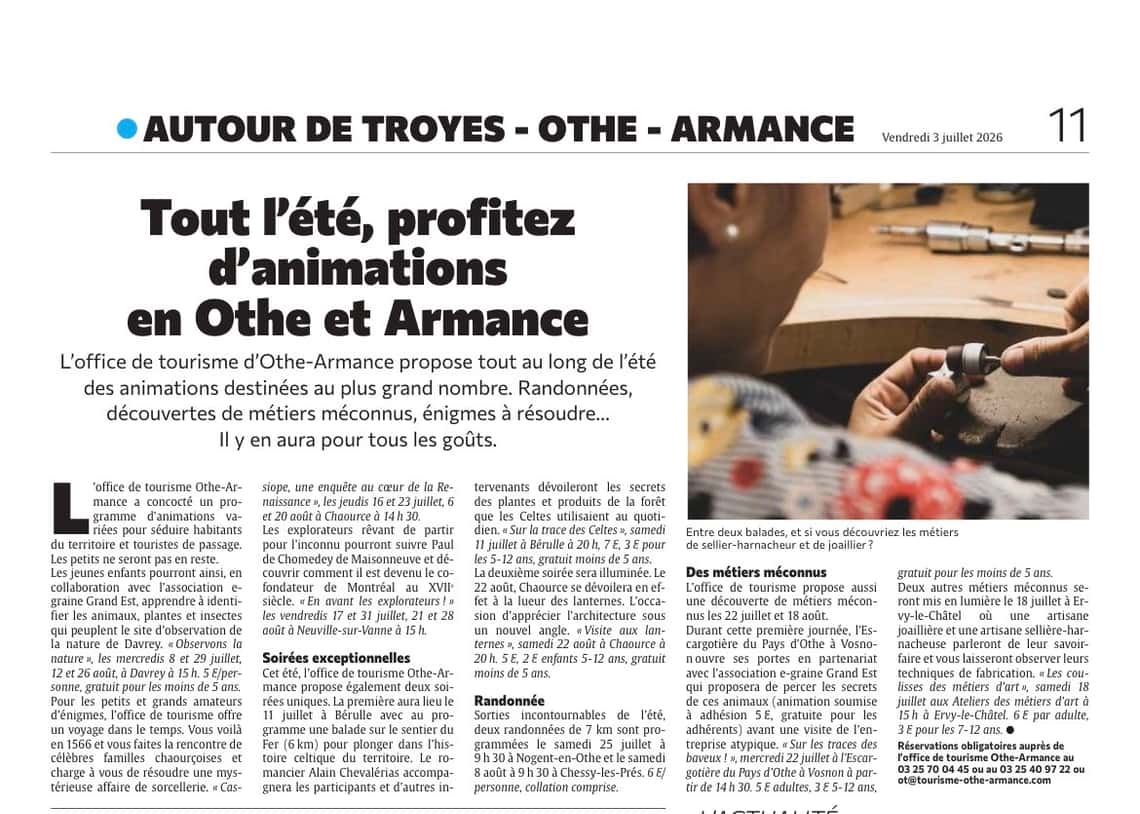 Tout l’été, profitez d’animations en Othe et Armance !