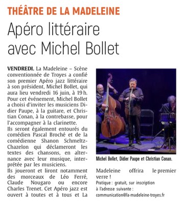 Théâtre La Madeleine : Apéro Littéraire avec Michel Bollet.