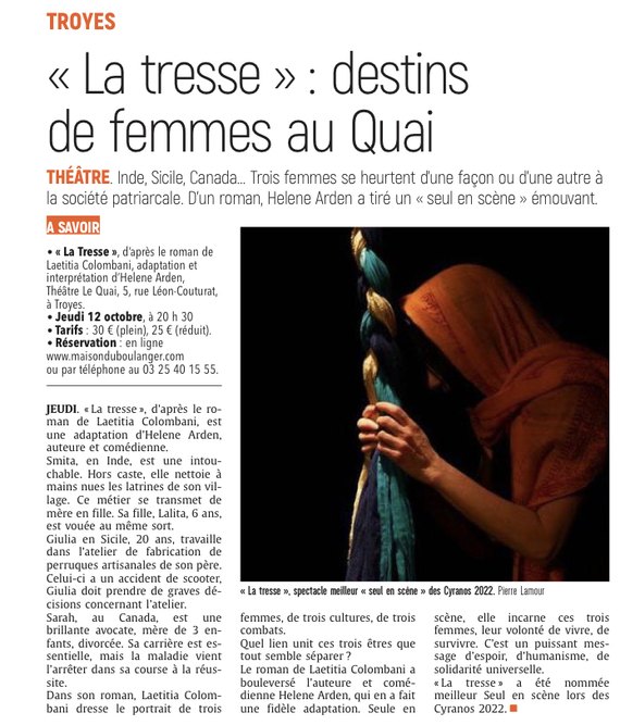 «La tresse» : Destin de femmes au Quai.