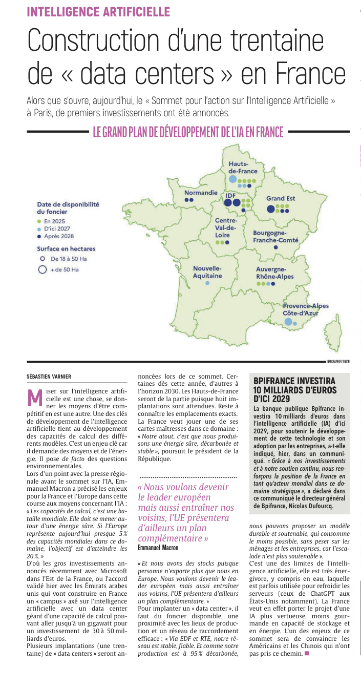 Construction d'une trentaine de Data centers en France.