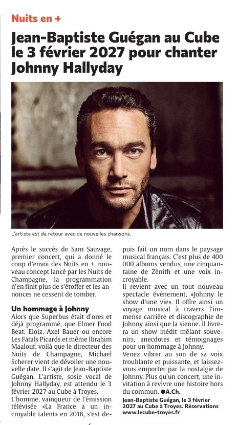 Jean-Baptiste Guégan au Cube le 3 février 2027 pour chanter Johnny Hallyday