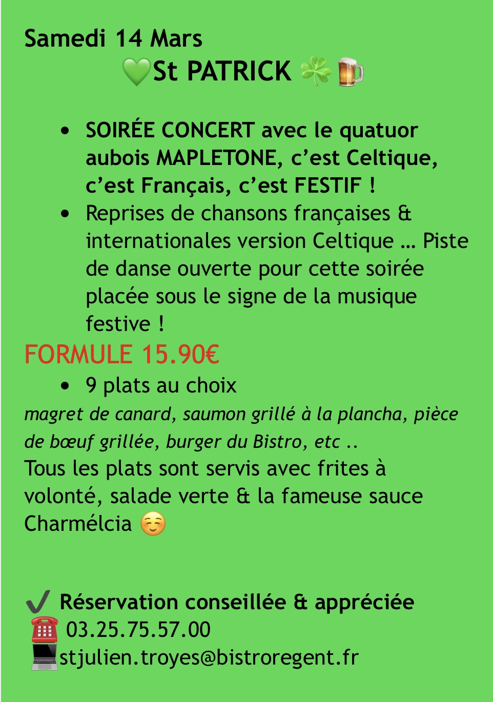 Saint Patrick et Mapletonele 14 mars au Bistro Régent