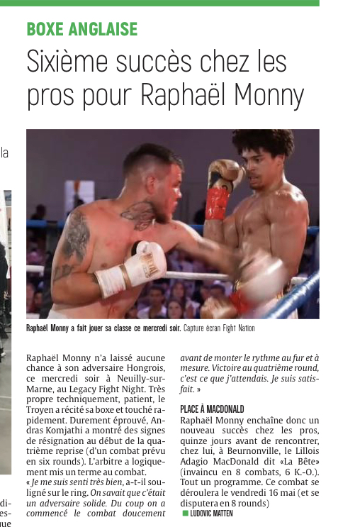 Sixième succès chez les pros pour le boxeur troyen Raphaël Monny