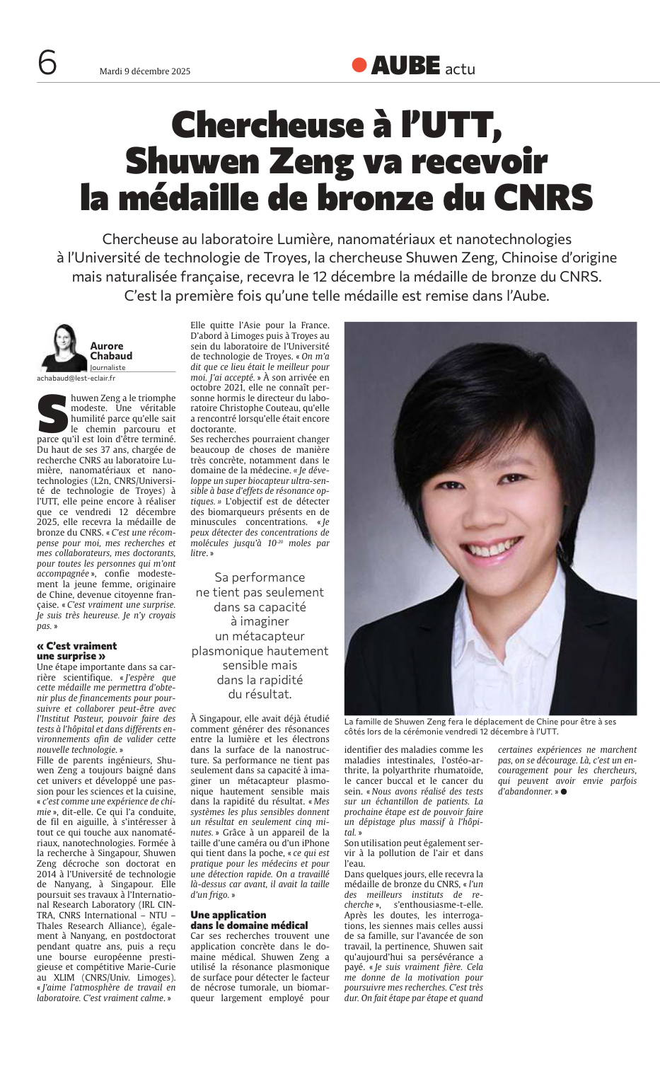 Chercheuse à l’UTT de Troyes, Shuwen Zeng va recevoir une médaille