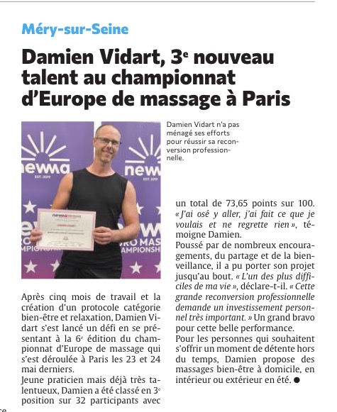 Damien Vidard 3ème au championnat d'Europe de massage de Paris
