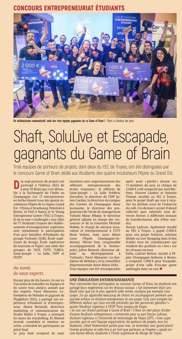 Shaft, SoluLive et Escapade gagnants du Game of Brain